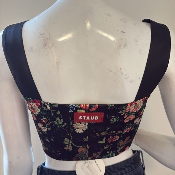 STAUD Black Satin Floral Print Cropped Corset Bustier  Style Top w Exposed Zip - Picture 3 of 7